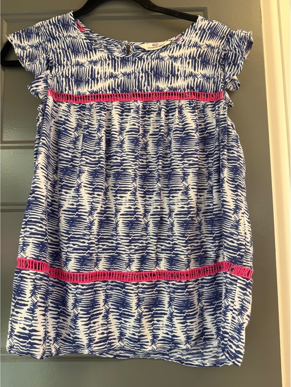 Vineyard Vines Blue and White Patterned Dress with Pink Trim, Size 6